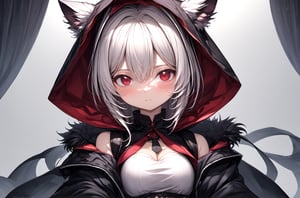 blood, monster version, detailed eyes, cat eyes, fire eyes, purple eyes, flat face mask, large face mask, black face mask, face mask with big smile :}, face mask with large fangs, teeth coming out of the face mask, blood red sweatshirt, hood covering head, hood with cat ears, face of 18 year old woman, dark background, blood red hair, pose of head tilted to the right looking forward, pose pointing finger at chin, short neck, shading,masterpiece,best quality,very aesthetic, ,score_9,gag,round, score_8_up ,Expressiveh,naked bandage,ani_booster, score_7_up,Eyes,score_6_up,Visual_Illustration, score_5_up