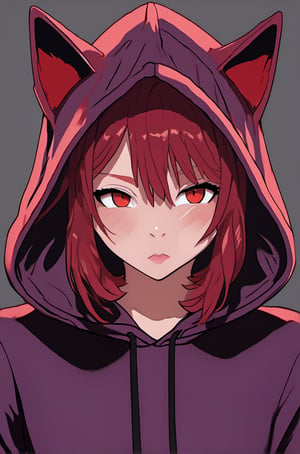 blood,
eyes detailed, eyes purple,
mask large black face,
blood red sweatshirt,
hood covering head,
hood with cat ears,
face of 18 year old woman,
dark background,
blood red hair,
pose pointing finger at chin,
short neck,
shading,
masterpiece,
best quality,
very aesthetic,muzzle gag
