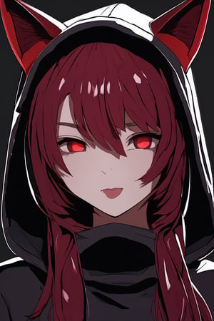 blood,
eyes detailed, eyes purple,
mask large black face,
blood red sweatshirt,
hood covering head,
hood with cat ears,
face of 18 year old woman,
dark background,
blood red hair,
pose pointing finger at chin,
short neck,
shading,
masterpiece,
best quality,
very aesthetic,muzzle gag