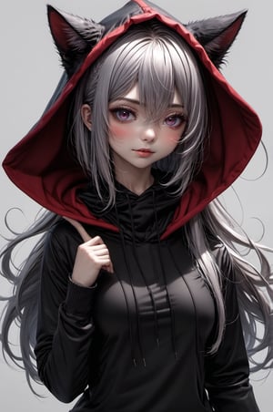 blood, monster version, detailed eyes, cat eyes, fire eyes, purple eyes, flat face mask, large face mask, black face mask, face mask with big smile :}, face mask with large fangs, teeth coming out of the face mask, blood red sweatshirt, hood covering head, hood with cat ears, face of 18 year old woman, dark background, blood red hair, pose of head tilted to the right looking forward, pose pointing finger at chin, short neck, shading,masterpiece,best quality,very aesthetic,