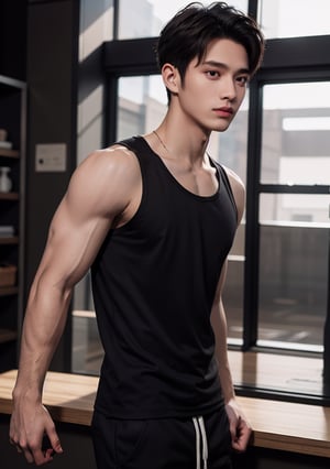 (masterpiece, top quality, best quality, official art, hdr, high contrast, ultra high res), light brown hair, whort pulled back hair, looking at viewer, 1man, solo, a muscular Korean boy, 20yo, tall, great muscular , broad shoulders, biceps, tank top and shorts, river side, park, 
 ruuning, early morning, thin lips, squinted eyes, sharp cheeks, sharp jawline, flared nose, black_eyes, dark olive skintone, 