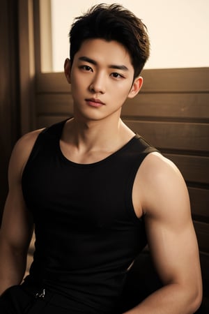  (masterpiece, ultra realistic, ultra detailed, high quality, 8k resolution, cool demeanor, dramatic lighting, high contrast, ultra high res, golden ratio), a 25 years old korean man, broad shoulders, wearing black tank top and black shorts, slim, whort pulled back hair, thin lips, squinted eyes, sharp cheeks, sharp jawline, flared nose, on the beach