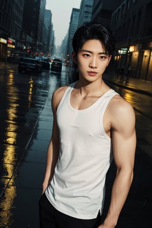  (masterpiece, ultra realistic, ultra detailed, high quality, 8k resolution, cool demeanor, dramatic lighting, high contrast, ultra high res, golden ratio), a 25 years old korean man, broad shoulders, wearing black tank top and black pants, slim, whort pulled back hair, thin lips, squinted eyes, sharp cheeks, sharp jawline, flared nose, urban sidewalk. raining, forming puddles of water that reflect the lights of the street.