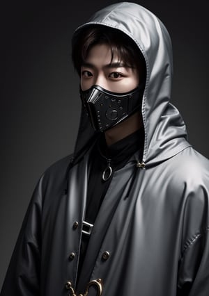 Korean man, 20 years old, medium ranged brown hair, garbed like a Plague doctor, silver mask, half body portrait, ultra realistic, ultra detailed, demi-god aesthetic, high quality, 8k resolution, cool demeanor, dramatic lighting, golden ratio
