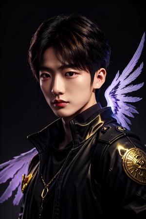 Korean man, 20 years old, medium ranged brown hair, glowing violet eyes akin to a cat's, garbed like a reaper with black wings, half body portrait, ultra realistic, ultra detailed, legendary, demi-god aesthetic, high quality, 8k resolution, cool demeanor, dramatic lighting, golden ratio