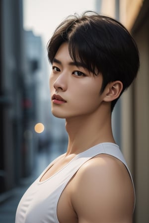  (masterpiece, ultra realistic, ultra detailed, high quality, 8k resolution, cool demeanor, dramatic lighting, high contrast, ultra high res, golden ratio), a 25 years old korean man, broad shoulders, wearing black tank top and black pants, slim, light brown hair, whort pulled back hair, thin lips, squinted eyes, sharp cheeks, sharp jawline, flared nose, raining street