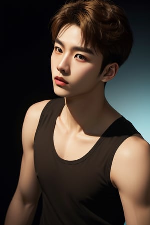  (masterpiece, ultra realistic, ultra detailed, high quality, 8k resolution, cool demeanor, dramatic lighting, high contrast, ultra high res, golden ratio), a 25 years old korean man, wearing tank top, slim, light brown hair, whort pulled back hair, thin lips, squinted eyes, sharp cheeks, sharp jawline, flared nose