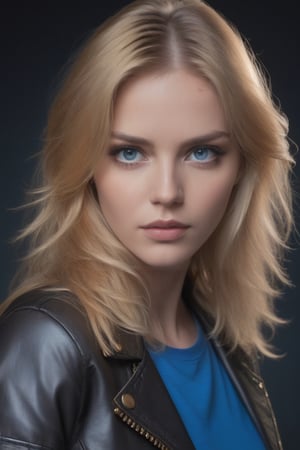 girl, supermodel, golden hair, leather jacket, colour t-shirt, blue eyes, marvel look, studio lighting