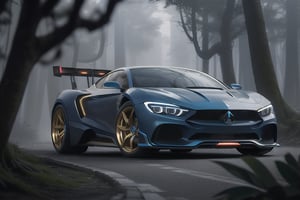 Long mercedez, concept car, fancy cyborg design, futuristic, cyborg style,cyberpunk style, surrounded by trees, dense forest, dark blue color, gold color wheels, detailmaster2, high details, front perspective view,incrsdealwithit,child
