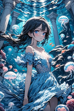 (masterpiece:1.5),(ultra detaild:1.5),best quality,anime style, super fine illustration, highly detailed, dynamic angle, beautiful detailed, 8k,Perfect dynamic composition, Beautiful detailed eyes, blue illustration, ((water, scenery, fish, jelly fish, blue theme)), ((underwater)), pillar, surreal, column, aquarium, 1girl, 24_old, full-body, high_color, black_hair, long hair, beauty, Flat vector art, Colorful art, Eyes, d,watercolor,ink,sketch