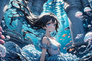 (masterpiece:1.5),(ultra detaild:1.5),best quality,anime style, super fine illustration, highly detailed, dynamic angle, beautiful detailed, 8k,Perfect dynamic composition, Beautiful detailed eyes, blue illustration, ((water, scenery, fish, jelly fish, blue theme)), ((underwater)), pillar, surreal, column, aquarium, 1girl, 24_old, full-body, high_color, black_hair, long hair, beauty, Flat vector art, Colorful art, Eyes, d,watercolor,ink,sketch