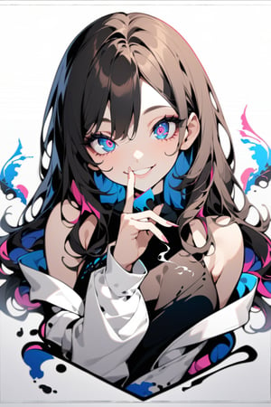 masterpiece, best quality,  beautiful eyes, clear eyes, detailed eyes, blue eyes, smile, 1girl, 20_old, white_background, high_color, black-long-hair, beauty, cigarete,smoking, perfect_finger, break, pink_fingernails, Flat vector art, smile,perfect finger,Ink art,Colorful art