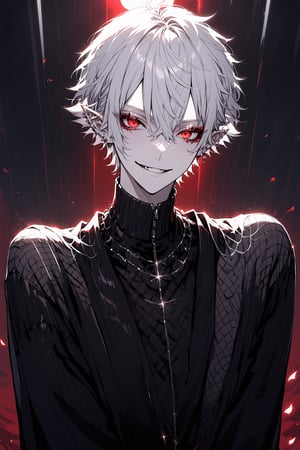 A virtual YouTuber, Kuzuha from Nijisanji, stands solo with piercing red eyes, gazing directly at the viewer. His long sleeves and black jacket contrast against his pale skin. white short hair mixes with grey locks framing his face. Pointy ears and parted lips add to his captivating male focus. Earrings glint as he wears a subtle smile, adorned in jewelry that catches the light. demon_smile, m3,txznmec,kuzuha,white hair,pointy ears