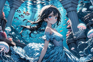 (masterpiece:1.5),(ultra detaild:1.5),best quality,anime style, super fine illustration, highly detailed, dynamic angle, beautiful detailed, 8k,Perfect dynamic composition, Beautiful detailed eyes, blue illustration, ((water, scenery, fish, jelly fish, blue theme)), ((underwater)), pillar, surreal, column, aquarium, 1girl, 24_old, full-body, high_color, black_hair, long hair, beauty, Flat vector art, Colorful art, Eyes, d,watercolor,ink,sketch