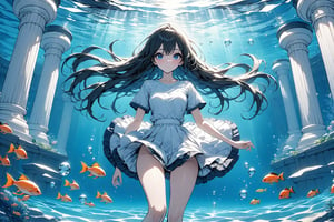 (masterpiece:1.5),(ultra detaild:1.5),best quality,anime style, super fine illustration, highly detailed, dynamic angle, beautiful detailed, 8k,Perfect dynamic composition, Beautiful detailed eyes, blue illustration, water, scenery, fish, blue theme, underwater, pillar, surreal, column, aquarium, 1girl, 24_old, full-body, high_color, black_hair, long hair, beauty, Flat vector art, Colorful art, Eyes, d