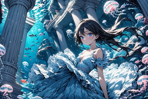 (masterpiece:1.5),(ultra detaild:1.5),best quality,anime style, super fine illustration, highly detailed, dynamic angle, beautiful detailed, 8k,Perfect dynamic composition, Beautiful detailed eyes, blue illustration, ((water, scenery, fish, jelly fish, blue theme)), ((underwater)), pillar, surreal, column, aquarium, 1girl, 24_old, full-body, high_color, black_hair, long hair, beauty, Flat vector art, Colorful art, Eyes, d,watercolor,ink,sketch