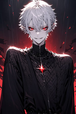 A virtual YouTuber, Kuzuha from Nijisanji, stands solo with piercing red eyes, gazing directly at the viewer. His long sleeves and black jacket contrast against his pale skin. white short hair mixes with grey locks framing his face. Pointy ears and parted lips add to his captivating male focus. Earrings glint as he wears a subtle smile, adorned in jewelry that catches the light. demon_smile, m3,txznmec,kuzuha,white hair,pointy ears