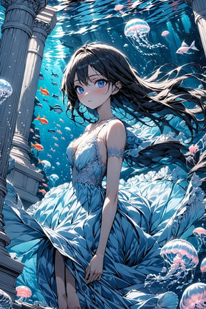 (masterpiece:1.5),(ultra detaild:1.5),best quality,anime style, super fine illustration, highly detailed, dynamic angle, beautiful detailed, 8k,Perfect dynamic composition, Beautiful detailed eyes, blue illustration, ((water, scenery, fish, jelly fish, blue theme)), ((underwater)), pillar, surreal, column, aquarium, 1girl, 24_old, full-body, high_color, black_hair, long hair, beauty, Flat vector art, Colorful art, Eyes, d,watercolor,ink,sketch