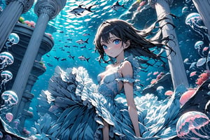 (masterpiece:1.5),(ultra detaild:1.5),best quality,anime style, super fine illustration, highly detailed, dynamic angle, beautiful detailed, 8k,Perfect dynamic composition, Beautiful detailed eyes, blue illustration, ((water, scenery, fish, jelly fish, blue theme)), ((underwater)), pillar, surreal, column, aquarium, 1girl, 24_old, full-body, high_color, black_hair, long hair, beauty, Flat vector art, Colorful art, Eyes, d,watercolor,ink,sketch