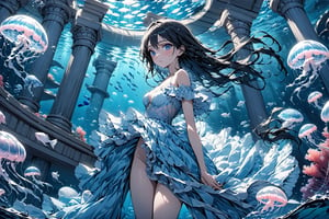 (masterpiece:1.5),(ultra detaild:1.5),best quality,anime style, super fine illustration, highly detailed, dynamic angle, beautiful detailed, 8k,Perfect dynamic composition, Beautiful detailed eyes, blue illustration, ((water, scenery, fish, jelly fish, blue theme)), ((underwater)), pillar, surreal, column, aquarium, 1girl, 24_old, full-body, high_color, black_hair, long hair, beauty, Flat vector art, Colorful art, Eyes, d,watercolor,ink,sketch