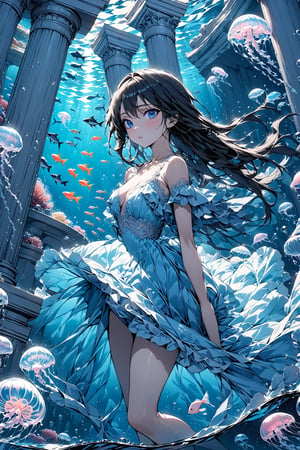 (masterpiece:1.5),(ultra detaild:1.5),best quality,anime style, super fine illustration, highly detailed, dynamic angle, beautiful detailed, 8k,Perfect dynamic composition, Beautiful detailed eyes, blue illustration, ((water, scenery, fish, jelly fish, blue theme)), ((underwater)), pillar, surreal, column, aquarium, 1girl, 24_old, full-body, high_color, black_hair, long hair, beauty, Flat vector art, Colorful art, Eyes, d,watercolor,ink,sketch