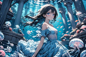 (masterpiece:1.5),(ultra detaild:1.5),best quality,anime style, super fine illustration, highly detailed, dynamic angle, beautiful detailed, 8k,Perfect dynamic composition, Beautiful detailed eyes, blue illustration, ((water, scenery, fish, jelly fish, blue theme)), ((underwater)), pillar, surreal, column, aquarium, 1girl, 24_old, full-body, high_color, black_hair, long hair, beauty, Flat vector art, Colorful art, Eyes, d,watercolor,ink,sketch