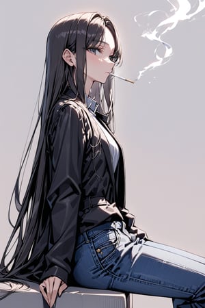 (masterpiece:1.5),(ultra detaild:1.5),best quality,solo 20old girl,(straight beautiful long hair:1.2),(smoking:1.3),(No expression:1.4),(black jacket,denim jeans),(looking side,sitting:1.3),Visual_Illustration, simple_background