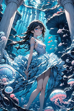 (masterpiece:1.5),(ultra detaild:1.5),best quality,anime style, super fine illustration, highly detailed, dynamic angle, beautiful detailed, 8k,Perfect dynamic composition, Beautiful detailed eyes, blue illustration, ((water, scenery, fish, jelly fish, blue theme)), ((underwater)), pillar, surreal, column, aquarium, 1girl, 24_old, full-body, high_color, black_hair, long hair, beauty, Flat vector art, Colorful art, Eyes, d,watercolor,ink,sketch