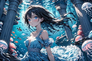 (masterpiece:1.5),(ultra detaild:1.5),best quality,anime style, super fine illustration, highly detailed, dynamic angle, beautiful detailed, 8k,Perfect dynamic composition, Beautiful detailed eyes, blue illustration, ((water, scenery, fish, jelly fish, blue theme)), ((underwater)), pillar, surreal, column, aquarium, 1girl, 24_old, full-body, high_color, black_hair, long hair, beauty, Flat vector art, Colorful art, Eyes, d,watercolor,ink,sketch