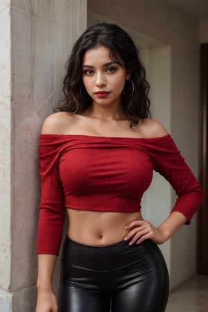  25 year old  two woman, light makeup and red  lipstick wearing earrings , 
"The woman is wearing a red, long-sleeved, off-the-shoulder top. Her hair is black with purple streaks and is flowing over her shoulders. She is looking at the camera and her expression is neutral. She is standing in front of a wall with stuffed animals behind her. She is wearing a red top with a low neckline. Her hair is long and flowing and she is wearing a red shirt and black leggings. She is looking directly at the camera with a serious expression.