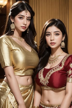 There is a woman who is a 25 years old beautiful Indian girl , The image shows two women dressed in traditional South Asian attire. The woman on the left is huge from back other women,The back woman is wearing a black lehenga skirt with intricate gold embroidery and a golden blouse. She has accessorized her look with a light dupatta draped around her, and she is wearing traditional jewelry, including earrings and a maang tikka. Her hair is styled in loose waves.

The front woman is wearing a maroon lehenga with a full-sleeved blouse featuring delicate gold patterns. Her lehenga is adorned with similar gold designs, and she holds her dupatta gracefully. She is wearing heavy jewelry, including a statement choker necklace, matching earrings, a maang tikka, and bangles. Her hair is neatly tied back, and she has a calm, poised expression. The pose and attire give a festive and elegant appearance, typical of formal South Asian celebrations.

