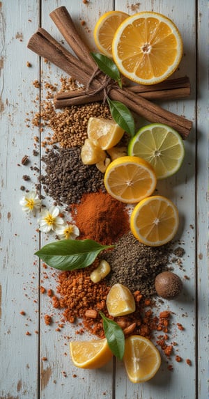 a variety of spices jasmine cinnamon pepper and chopped lemons and limes are stacked in a beautiful composition, on an old white wood table, cracked boards are visible, top view, maximum detail, photorealism, High quality texture, intricate details, detailed texture, High quality shadow, Cinematic Light, Depth of field