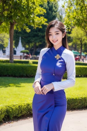 1girl, beautiful young woman, blonde, smiling, (in beautiful Myanmar national dress in blue color), sunny day, public park garden, realistic, ,myanmar_dress