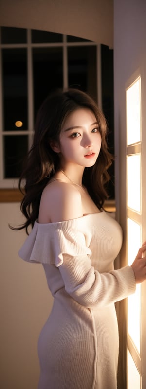 masterpiece, 8k, 1 girl - key lighting, dress, detailed face, off shoulder, dynamic move, windows ,Korean