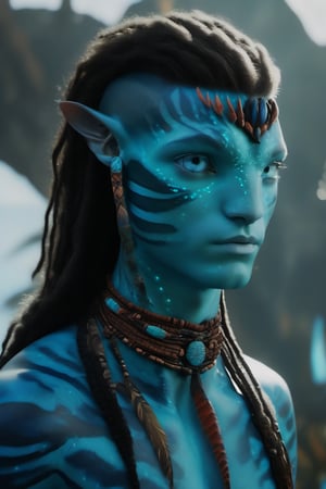 Filip Geljo as a male Na'vi, boy around seventeen years old, ((cyan skin)), (sky blue skin), teal color scheme, ((black hair)), ((braided wavy hair)), well-groomed hair, ((sky blue eyes)), skin full of ((scales)), with a tattoo on his stomach implying his fertility, stern face, ((pointy fangs)), full of dark sky blue painted stripes, using (feathers and corals) as accessories, wearing clothing that gives notice of his position as clan leader, beautiful Na'vi, action scene, close-up view, profile view, realistic eyes, hyper-realistic, extreme detail, HDR, 4k quality, perfect quality, perfect picture, HD quality, movie scene, 4k, 8k, freckles, pale foreground lighting, concept art, low saturation, alien, jewelry, portrait, lots of detail, Read description, ADD MORE DETAILS, ocean floor, cave background with bonfires. As the sun is reflecting on his face, he is a guest of the Tsahik clan, so his attire is appropriate. full body, Showing off his tattoo on his stomach