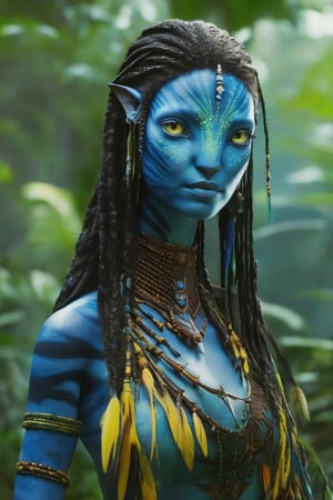 Na'vi, female in her forties, ((blue skin)), ((white skin), blue color palette, ((black hair)), ((braided hair)), messy hair, ((yellow eyes)), skin full of ((scales)), stern face, ((pointed fangs)), full of dark blue painted stripes, using (bones, feathers and threads) as accessories, her function in the Omatikaya clan as the next Tsahik of this, wearing tribal clothing, beautiful Na'vi, action scene, close-up view, profile view, realistic eyes, hyper-realistic, extreme details, HDR, 4k quality, perfect quality, perfect picture, HD quality, movie scene, dim lighting, concept art, low saturation, alien, jewelry, portrait, many details, 4k, 8k, freckles, close-up, AVATAR-OME, Read description, ADD MORE DETAILS, Forest background, Cave background with bonfires, Tree of souls background.