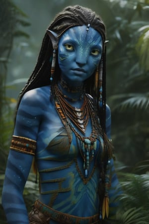 Na'vi, female in her forties, ((blue skin)), ((white skin), blue color palette, ((black hair)), ((braided hair)), messy hair, ((yellow eyes)), skin full of ((scales)), stern face, ((pointed fangs)), full of dark blue painted stripes, using (bones, feathers and threads) as accessories, her function in the Omatikaya clan as the next Tsahik of this, wearing tribal clothing, beautiful Na'vi, action scene, close-up view, profile view, realistic eyes, hyper-realistic, extreme details, HDR, 4k quality, perfect quality, perfect picture, HD quality, movie scene, dim lighting, concept art, low saturation, alien, jewelry, portrait, many details, 4k, 8k, freckles, close-up, AVATAR-OME, Read description, ADD MORE DETAILS, Forest background, Cave background with bonfires, Tree of souls background.