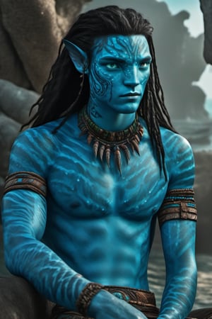 Filip Geljo as a male Na'vi, boy around seventeen years old, ((cyan skin)), (sky blue skin), teal color scheme, ((black hair)), ((braided wavy hair)), well-groomed hair, ((sky blue eyes)), skin full of ((scales)), with a tattoo on his stomach implying his fertility, stern face, ((pointy fangs)), full of dark sky blue painted stripes, using (feathers and corals) as accessories, wearing clothing that gives notice of his position as clan leader, beautiful Na'vi, action scene, close-up view, profile view, realistic eyes, hyper-realistic, extreme detail, HDR, 4k quality, perfect quality, perfect picture, HD quality, movie scene, 4k, 8k, freckles, pale foreground lighting, concept art, low saturation, alien, jewelry, portrait, lots of detail, Read description, ADD MORE DETAILS, ocean floor, cave background with bonfires. As the sun is reflecting on his face, he is a guest of the Tsahik clan, so his attire is appropriate. full body, Showing off his tattoo on his stomach