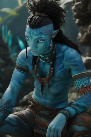 Filip Geljo as a male Na'vi, boy around seventeen years old, ((cyan skin)), (sky blue skin), teal color scheme, ((black hair)), ((braided wavy hair)), well-groomed hair, ((sky blue eyes)), skin full of ((scales)), with a tattoo on his stomach implying his fertility, stern face, ((pointy fangs)), full of dark sky blue painted stripes, using (feathers and corals) as accessories, wearing clothing that gives notice of his position as clan leader, beautiful Na'vi, action scene, close-up view, profile view, realistic eyes, hyper-realistic, extreme detail, HDR, 4k quality, perfect quality, perfect picture, HD quality, movie scene, 4k, 8k, freckles, pale foreground lighting, concept art, low saturation, alien, jewelry, portrait, lots of detail, Read description, ADD MORE DETAILS, ocean floor, cave background with bonfires. As the sun is reflecting on his face, he is a guest of the Tsahik clan, so his attire is appropriate. full body, Showing off his tattoo on his stomach