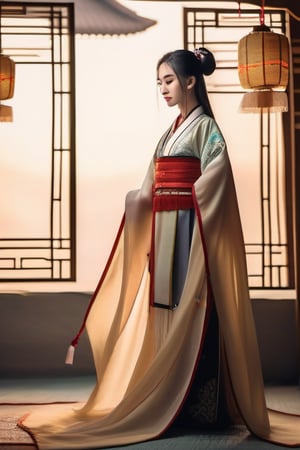 A stunning Chinese woman, approximately 20 years old, stands confidently at 170 cm tall. Soft golden light illuminates her porcelain-like complexion as she poses elegantly in a traditional hanfu dress. The delicate folds of the fabric frame her slender figure, while her long dark hair cascades down her back like a waterfall.