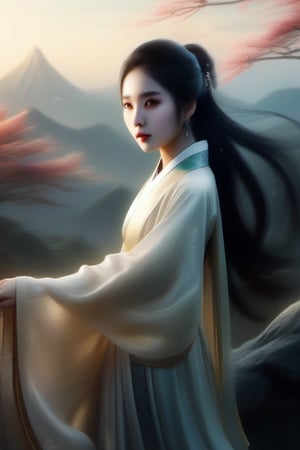 A stunning Chinese woman, approximately 20 years old, stands confidently at 170 cm tall. Soft golden light illuminates her porcelain-like complexion as she poses elegantly in a traditional hanfu dress. The delicate folds of the fabric frame her slender figure, while her long dark hair cascades down her back like a waterfall.,DonMB4nsh33XL ,DonMM1y4XL,DonM3lv3nM4g1cXL