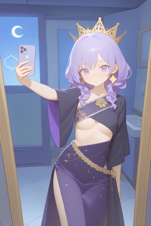 Score_9, Score_8_up, Score_7_up, Score_6_up, Score_5_up, Score_4_up 1girl, ((teenager)), 1girl with long, wavy hair in deep indigo with silver streaks. Her eyes are violet flecked with gold. She wears a flowing, asymmetrical gown in dark purple and black, with silver embroidery. Her hair is adorned with a crown of woven silver branches and glowing orbs. She wears filigree crescent moon earrings and a moonstone belt. Her expression is serene and wise, exuding an aura of calm and mystery, standing, ((selfie)), ((shy)), Bartolomeobari, (underboob), pose
