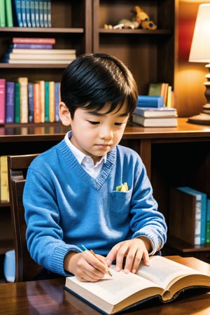 A gentle boy, approximately 6-8 years old, sits comfortably at a wooden desk, surrounded by scattered books and pencils. He is engrossed in reading a storybook, his eyes scanning the pages with curiosity and focus. The soft lighting casts a warm glow on his innocent face, highlighting the subtle concentration lines between his eyebrows. In the background, a shelf filled with more books and toys adds to the cozy atmosphere.
