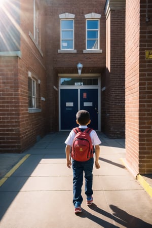 A young boy walks towards a red brick school building on a sunny afternoon, wearing a bright yellow backpack and a curious expression, with a slight smile on his face. The camera frames the scene from a low angle, looking up at the boy as he approaches the entrance, with the warm sunlight casting long shadows behind him.