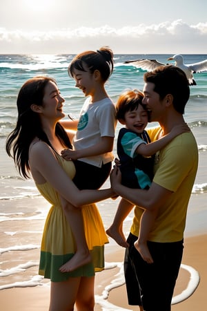 A warm sunlight casts a golden glow on a family of four having a joyful day at the beach. A mother and father, with big smiles, stand side by side, holding hands with their two young children who are laughing and playing in the waves. The atmosphere is lively and carefree, with seagulls flying overhead and a calm sea stretching out to the horizon.,venti (genshin impact),Asia