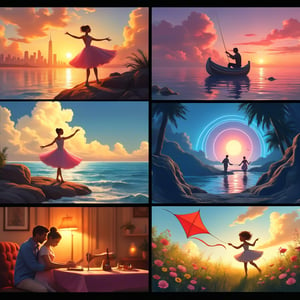 An ArtStation cover featuring six distinct, vibrant scenes collaged with unique hues, each masterfully rendered in 4K resolution with a dreamlike atmosphere. Ballet couple twirls under warm sunset glow. Fisherman casts line from whimsical boat silhouette. Musician strums guitar on rugged neon shoreline. Loving couple cuddles on a cozy sofa. Tailor focuses intently at vintage sewing table. Child dances joyfully with vibrant kite meadow.