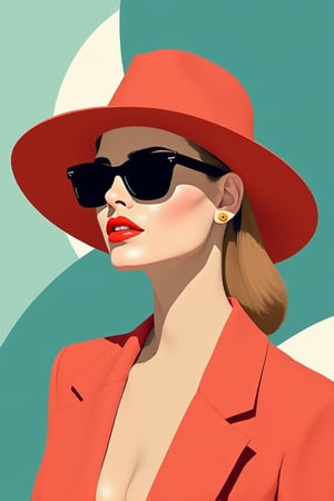 Design a minimalistic pop art scene using the contrasting colors of vibrant teal and warm coral. The background features a blend of these two hues, with abstract geometric shapes and modern textures that complement the color scheme. In the center, a stylized female figure occupies 20% of the composition. She sports a wide-brimmed hat and oversized sunglasses, with bold coral lips. Her face is rendered in smooth, neutral beige tones, while her hat and clothing incorporate varying shades of teal and coral. The composition harmoniously balances the dynamic background with the central figure, creating a visually striking and contemporary piece.