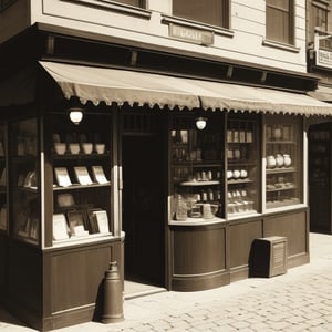 A vintage shopfront in a historic city square, bathed in warm, sepia-toned light. Early 20th-century patrons bustle about, dressed in period attire with intricate details and textures. An old-fashioned camera leans against the worn wooden counter, surrounded by hand-tinted accents and nostalgic trinkets. The atmosphere is alive with the hum of conversation and the soft glow of gas lamps.