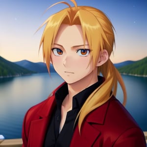 my_hagaren_edo, nice photo, solo, looking at viewer,anime style, masterpiece,  4K, portrait,  day, 🌌❄🏞, ikemen, blonde hair, red jacket, black shirt, 18 years old, lake, 