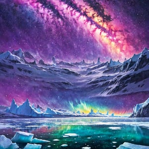 Polar regions, ice floes, giant icebergs, colorful auroras, clear sky, night sky, starry sky, penguins, white night,colorful splashes,painted world,Star,space